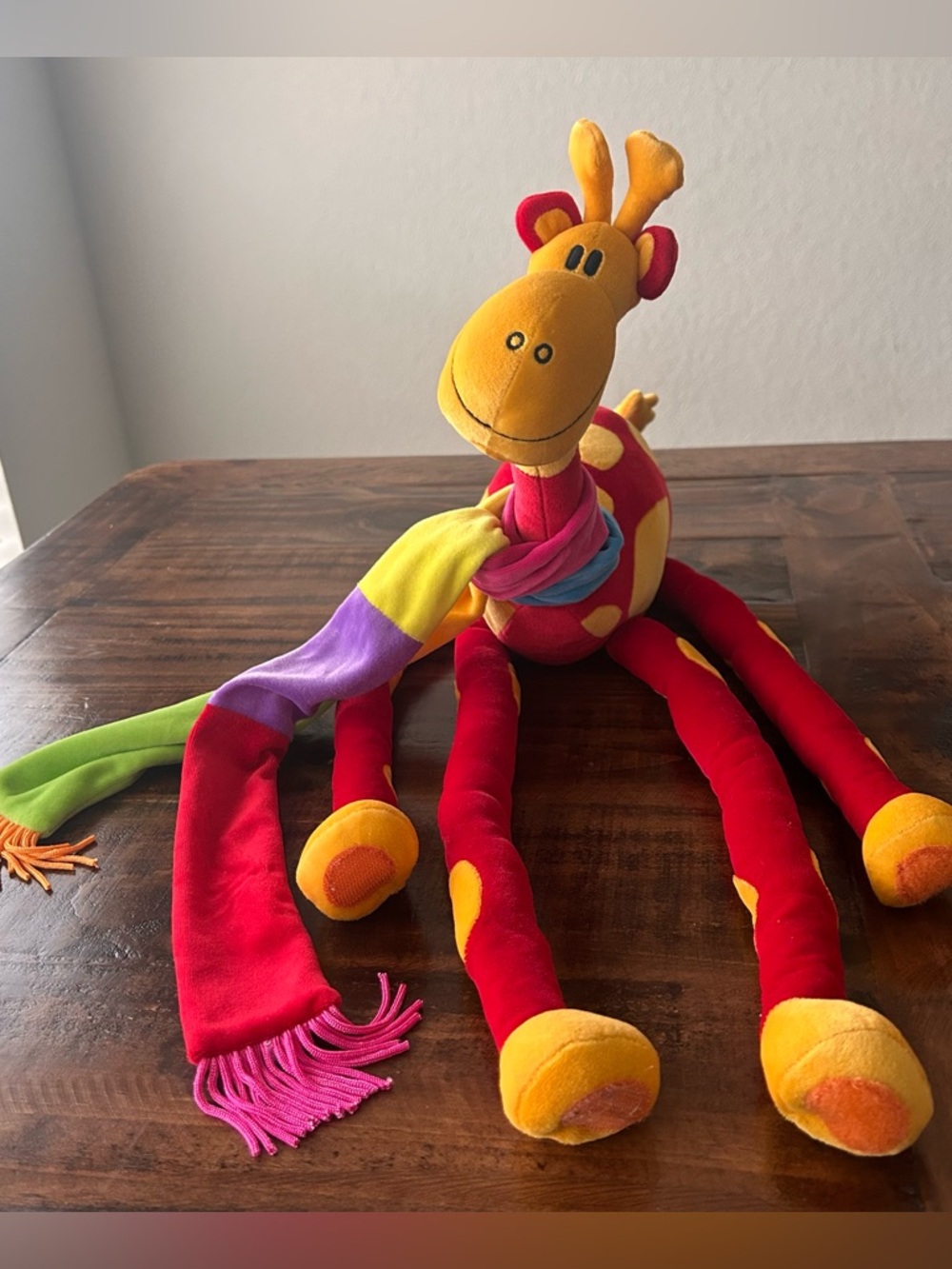 Happy House 2001 Red Yellow Giraffe Plush With Original Multi Colored Scarf-27"